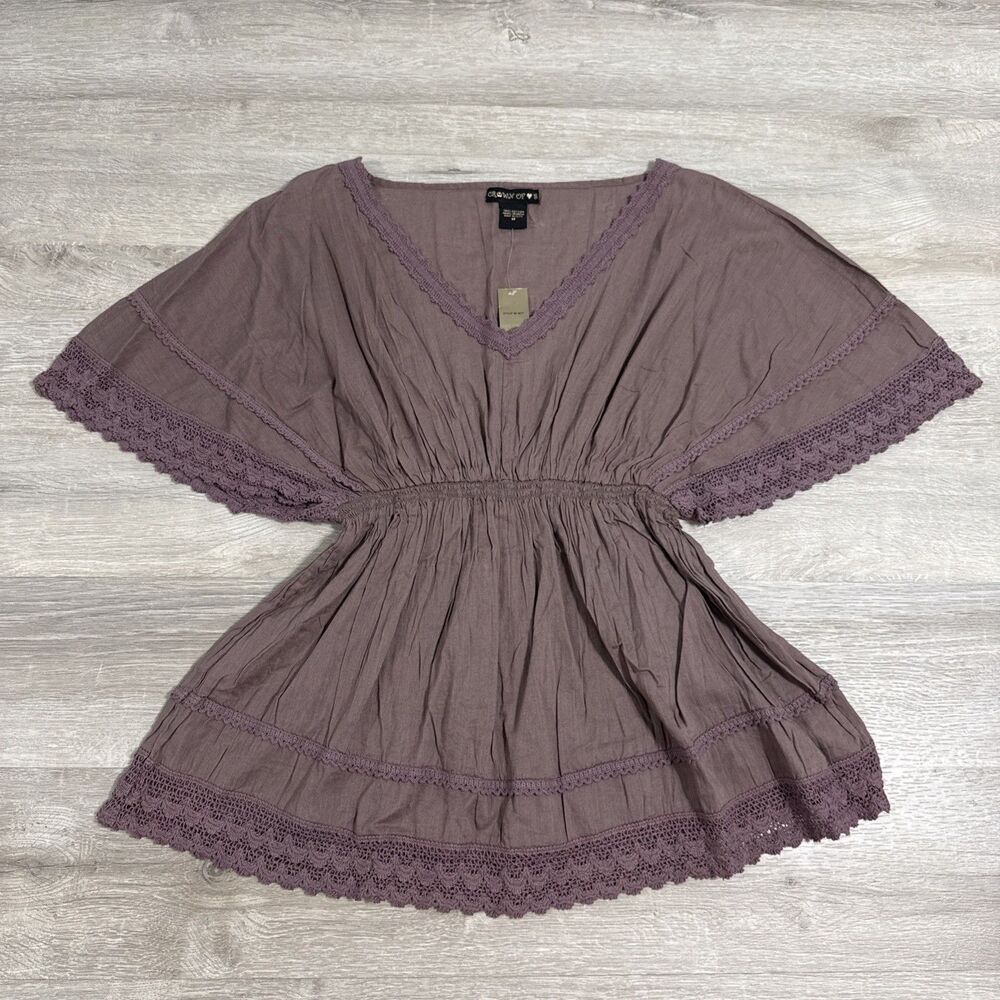 Crown of Hearts Blouse Women’s Medium Mauve Cotton Gauze Crochet Boho NWT